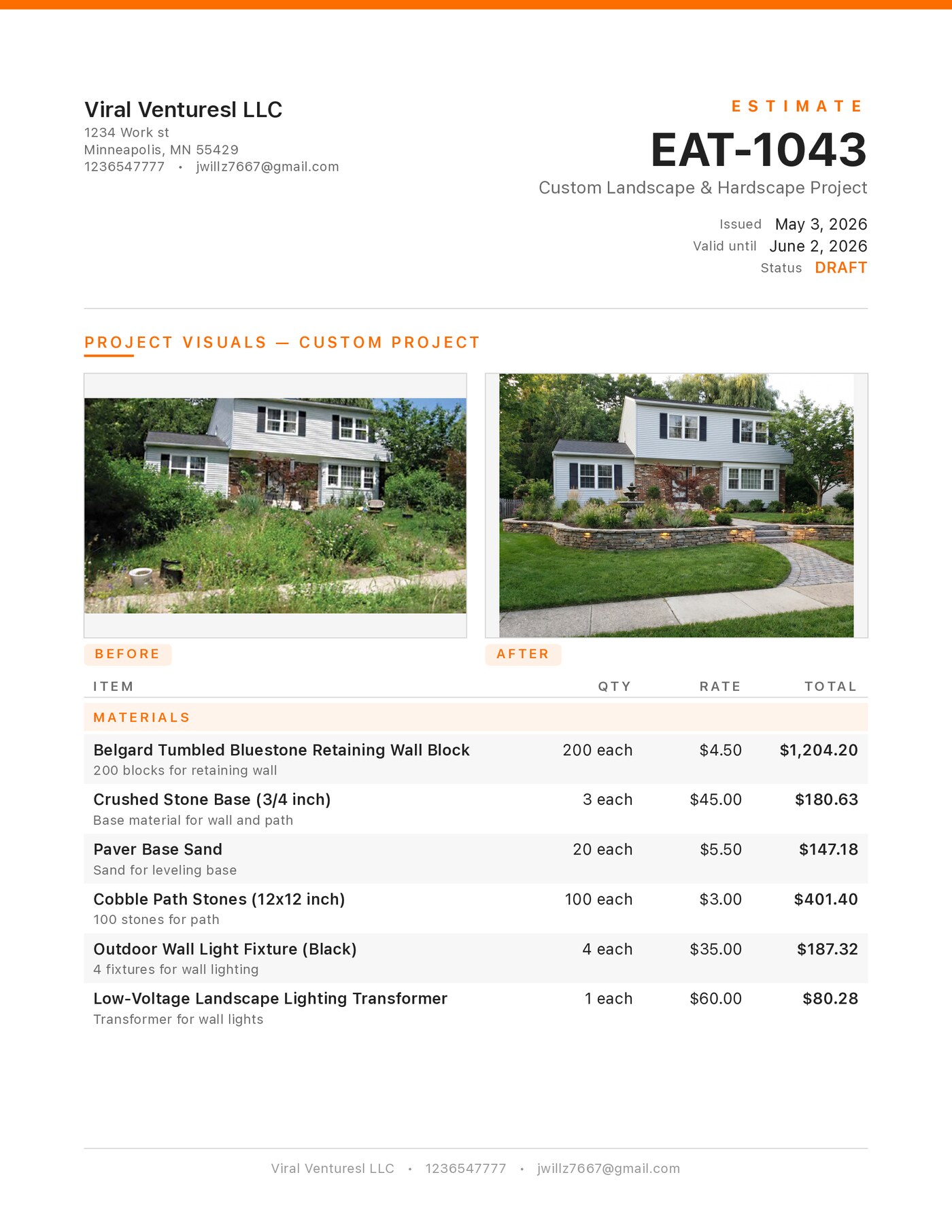 Estimate cover with before/after photos and material line items