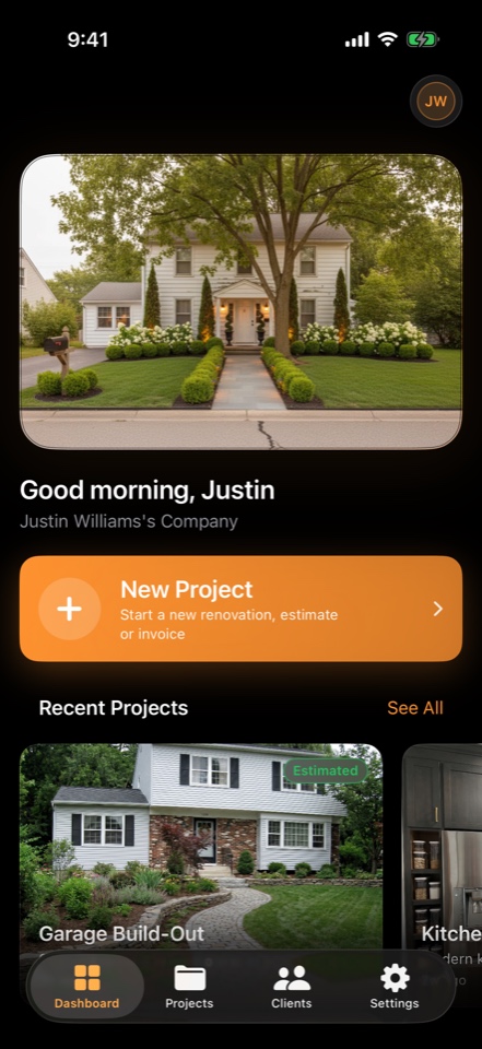 Dashboard screen of the ProEstimate AI iOS app — Active projects, recent generations, and one-tap new project.