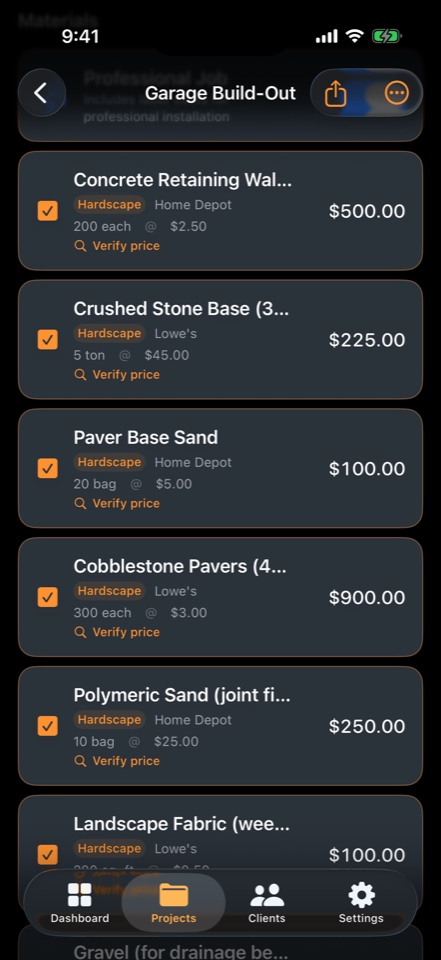 Materials screen of the ProEstimate AI iOS app — Each line linked to a real supplier with a one-tap price-verify.