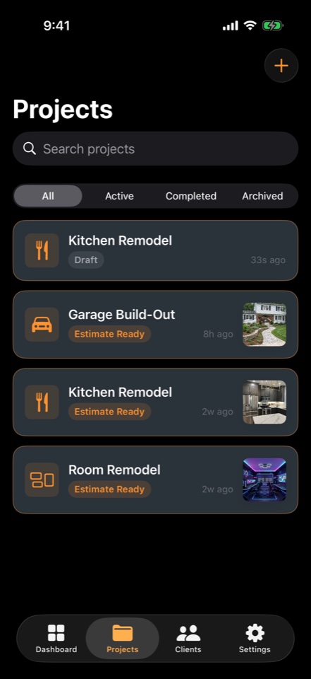 Projects screen of the ProEstimate AI iOS app — Every job at a glance — drafts, estimate-ready, in-flight, archived.